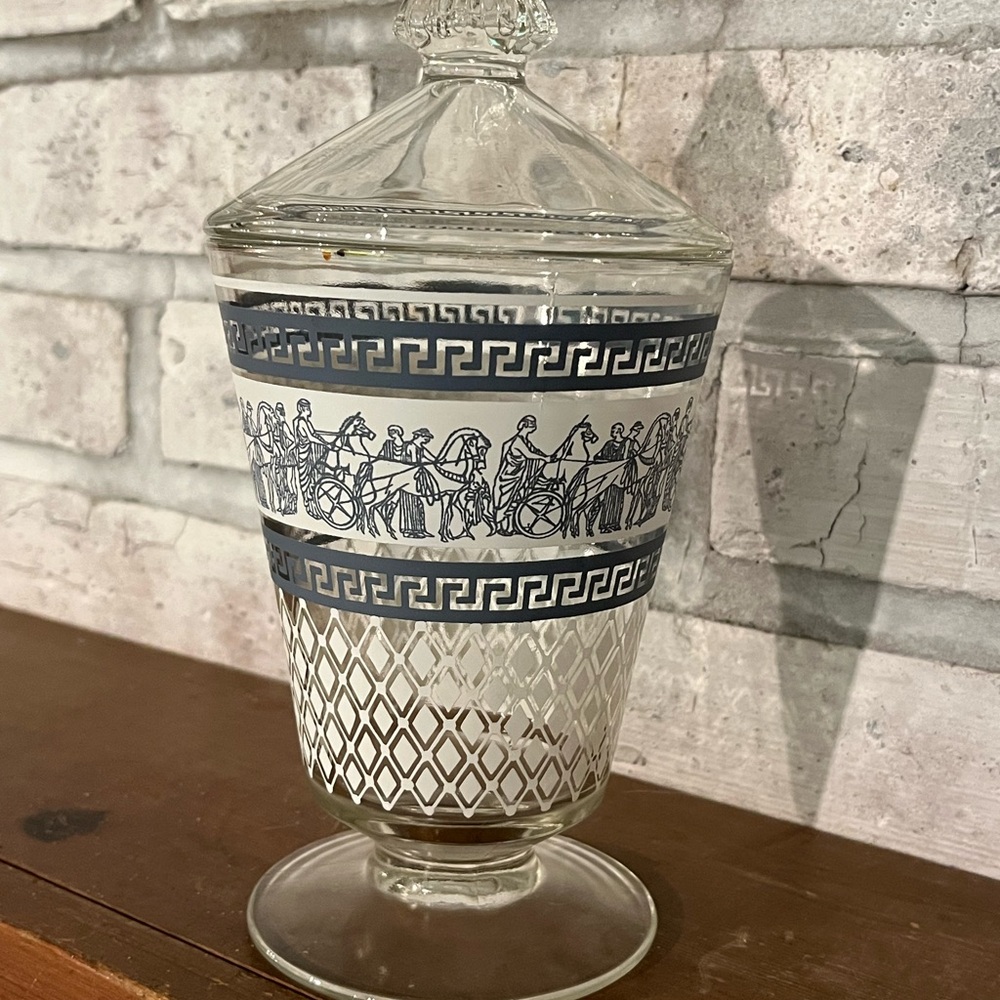 Vintage Mid Century MCM 50s Patrician Blue Jeannette Jar With Lid Greek‎ Style